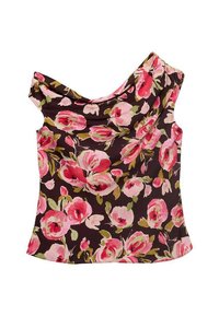 Top floreale con uno sfondo marrone scuro, caratterizzato da grandi rose rosa e foglie verdi. Il design include una scollatura drappeggiata e maniche corte.