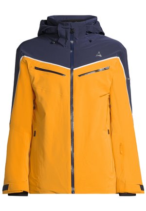 Ski jacket in orange and navy, featuring a high collar, adjustable hood, zippered pockets, and contrasting white stripes. Waterproof material.
