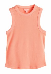 Débardeur côtelé sans manches de couleur corail douce, avec un col rond et une coupe ajustée. Texture lisse et détails de couture minimalistes.
