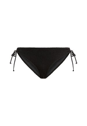 Svart bikini-bunn med teksturert strikket ytterstoff, justerbare sidesnorer og glatt innerfôr. Klassisk trekantform.
