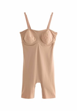 Body nude sans couture avec bretelles réglables, design ajusté, longueur mi-cuisse et bonnets moulés. Tissu lisse avec un léger éclat.