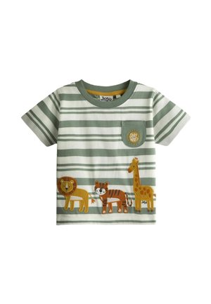 T-shirt à manches courtes pour tout-petit avec des rayures vertes et blanches, une petite poche avec le texte « Reste sauvage » et des écussons d'animaux représentant un lion, un tigre et une girafe.