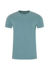 Short-sleeve crewneck t-shirt in light teal, made from soft cotton. Features a left chest pocket with stitched detailing. Smooth texture.