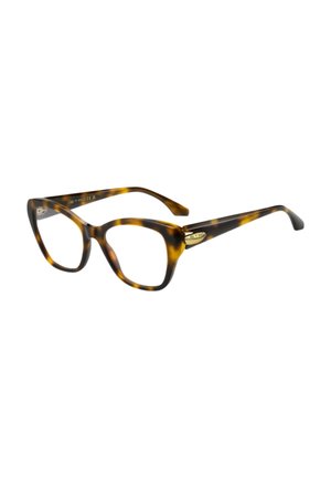 Occhiali con montatura completa con motivo tartarugato e forma a occhio di gatto, dettagli con marchio sulle aste, mostrati ad un leggero angolo su sfondo bianco.