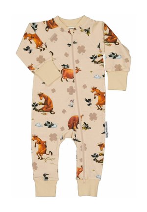 Beigen värinen vauvan haalari vetoketjulla, koristeltu sarjakuvalehmillä, linnuilla, kaneilla, pilvillä ja apilakuoseilla. Pitkät hihat ja kalvosimet.