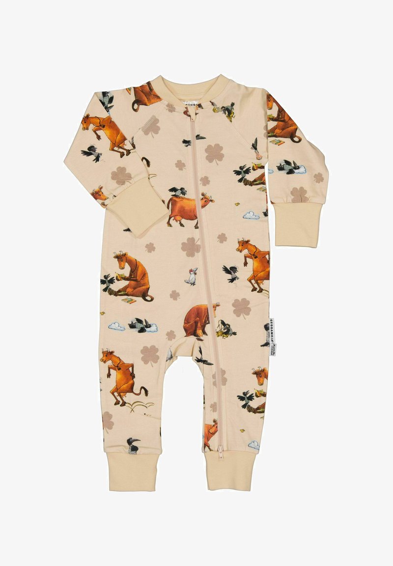 Barboteuse beige pour bébé avec fermeture éclair, décorée de vaches, d'oiseaux, de lapins, de nuages et de motifs de trèfle dessinés en cartoon. Manches longues et poignets.
