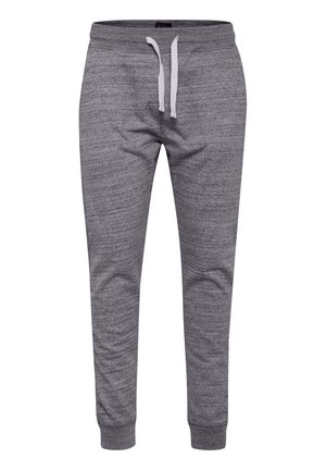 Gray sweatpants with a textured fabric, featuring a drawstring waist and elastic cuffs. Design includes a heathered finish and two pockets.
