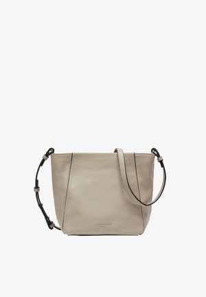 Beige Lederhandtasche mit strukturierter Form, ausgestattet mit einem einzelnen Schultergurt und tonaler Naht. Minimalistisches Design mit subtiler Markenkennzeichnung.