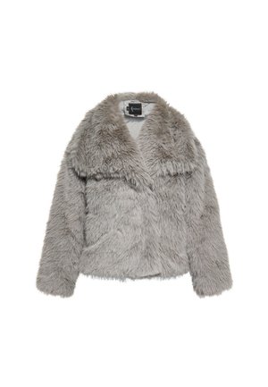 Jachetă din blană sintetică gri cu un design scurt, guler larg și mâneci lungi. Prezintă un exterior moale și texturat și un căptușel neted în interior.