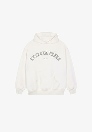 Hvid hoodie med en kengurulomme; har "CHELSEA PEERS" i buet tekst og "EST. 2012" i mindre skrifttype. Blød stofstruktur.
