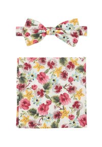 Floraler Fliege und Einstecktuch-Set mit einem weißen Hintergrund, der mit roten, gelben und blauen Blumen verziert ist. Aus Baumwollmaterial und mit samtiger Textur.