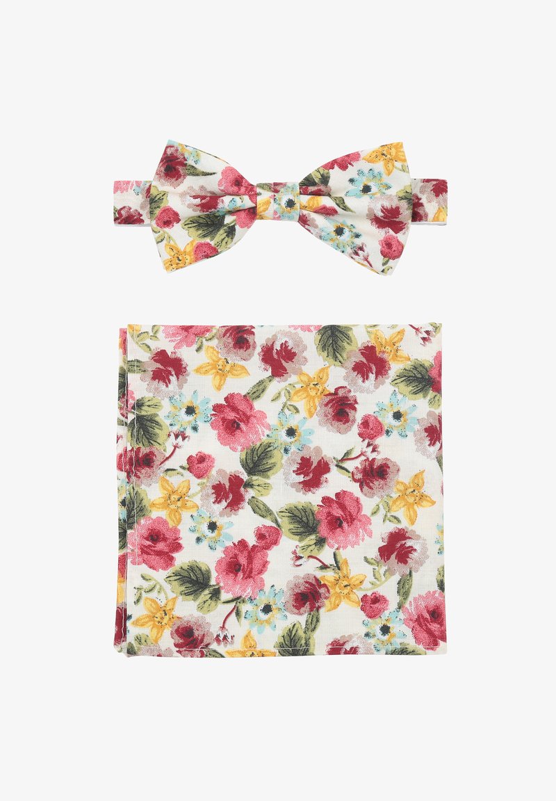 Floraler Fliege und Einstecktuch-Set mit einem weißen Hintergrund, der mit roten, gelben und blauen Blumen verziert ist. Aus Baumwollmaterial und mit samtiger Textur.