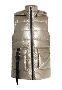 Metallischer goldfarbener Puffer-Westen mit hohem Kragen, Kapuze, vorderem Reißverschluss und zwei Seitentaschen. Mit einem schwarzen Gürtelakzent an der Taille.