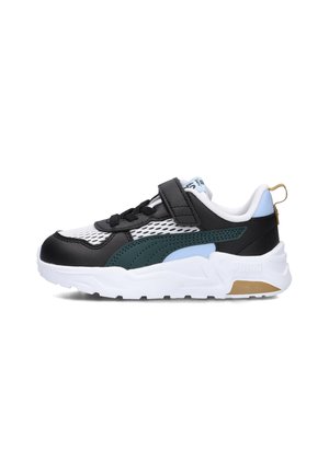 Black and teal sneaker with mesh detailing, white midsole, and adjustable strap, featuring a blue accent and subtle branding on the side.