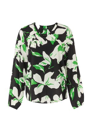 Floral blouse with a black background, featuring large white and green leaf patterns. Long sleeves and a V-neck design. Lightweight fabric.