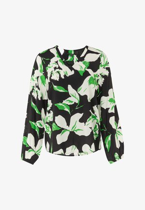 Floral blouse with a black background, featuring large white and green leaf patterns. Long sleeves and a V-neck design. Lightweight fabric.