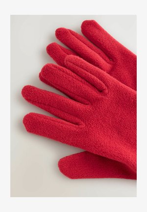Red fleece gloves with a soft texture, featuring five elongated fingers and a smooth finish. No visible hardware or patterns.