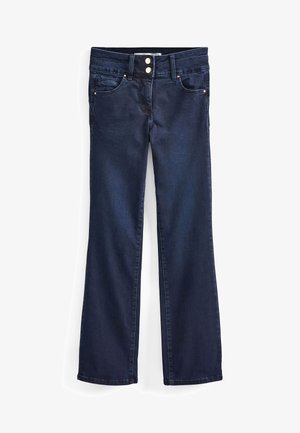 Mørkeblå denim jeans med lige ben, der har to forlommer, to baglommer og gyldent knaphardware. Glat tekstur.
