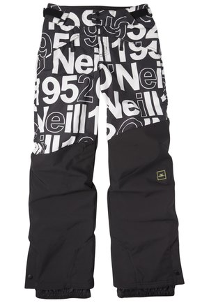 Sort-hvide snebukser med store trykte tal og teksten "O'Neill" på den øverste halvdel, ensfarvet sort på den nederste halvdel, elastiske manchetter.