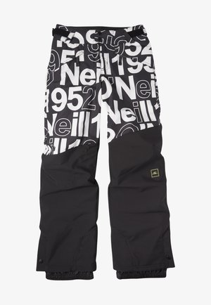 Pantaloni da neve bianchi e neri con grandi numeri stampati e testo "O'Neill" nella metà superiore, nero pieno nella metà inferiore, polsini elastici.