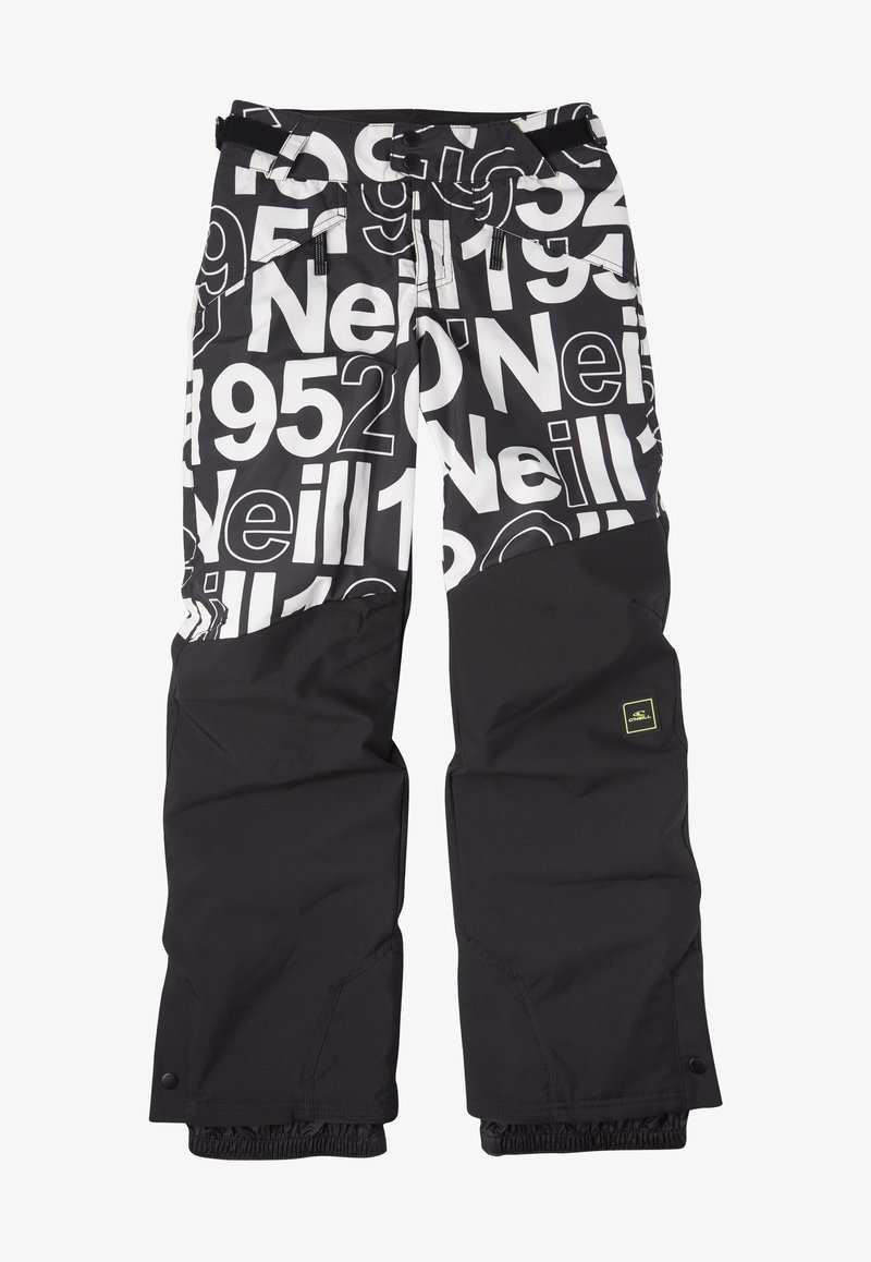 Pantalon de neige noir et blanc avec de grands chiffres imprimés et le texte « O'Neill » sur la moitié supérieure, noir uni sur la moitié inférieure, poignets élastiques.