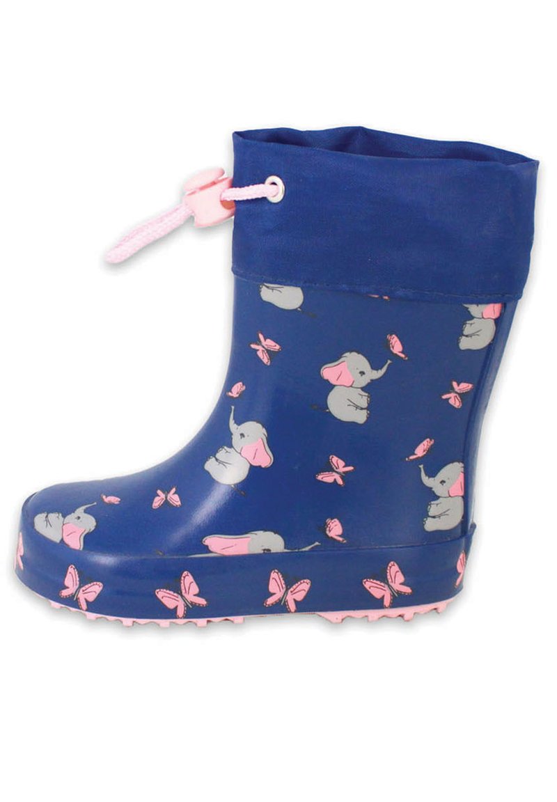 Botte de pluie en caoutchouc marine avec un bord rose et un cordon de serrage, ornée d'éléphants gris et de papillons roses sur l'ensemble. Semelle texturée pour une meilleure adhérence.