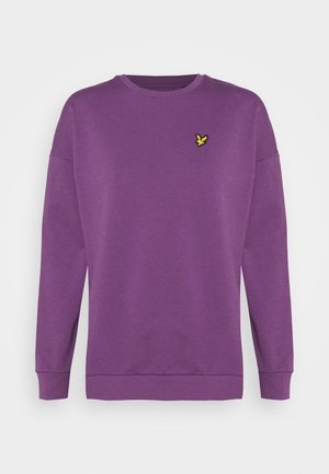 Sweat-shirt violet à manches longues avec col rond, poignets et ourlet côtelés, avec un petit logo oiseau jaune sur la poitrine gauche.