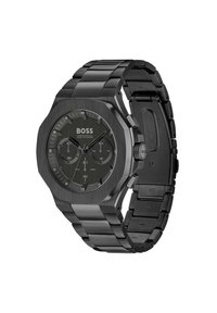 Orologio cronografo in acciaio inossidabile nero con cassa ottagonale, quadrante scuro testurizzato, tre sottodial e bracciale a maglie in metallo.