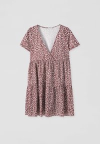 Vestido floral marrón con un escote en V profundo, mangas cortas y un dobladillo acampanado. La tela presenta un patrón blanco disperso. Ligero y transpirable.