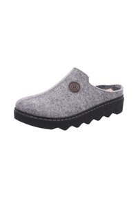 Grå känsla-tofflor med rund tå, mjuk textur och svart gummisula; har en cirkulär logotyp på sidan; slip-on design.