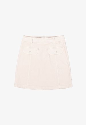Witte corduroy mini-jurk met twee voorzakken, subtiele stiksels en een recht gesneden ontwerp met een ritsluiting aan de achterkant.