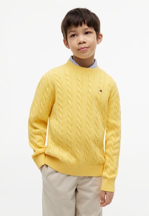 Garçon portant un pull jaune torsadé sur une chemise rayée bleue et un pantalon beige, debout les mains dans les poches sur fond blanc.