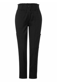 Black high-waist pants with elastic waistband, front zipper, belt loops, and cargo pockets on both legs, straight leg fit.