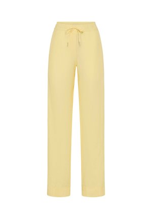 Lichtgele rechte broek met een elastische tailleband en een gestrikte trekkoord aan de voorkant.