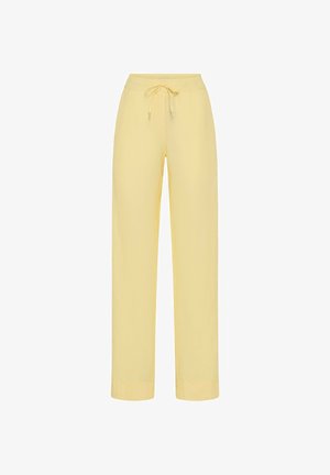 Lichtgele rechte broek met een elastische tailleband en een gestrikte trekkoord aan de voorkant.