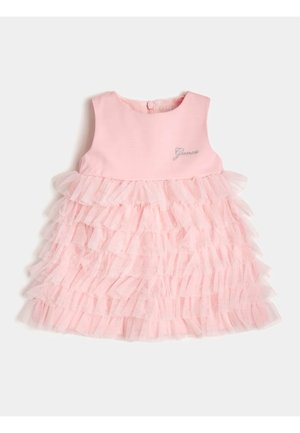 Pink kjole med ærmeløs overdel og flæset tylskørt. Har rund halsudskæring og lynlås i ryggen. Diskret broderidetalje.