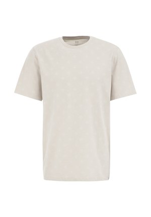 Light beige short-sleeve t-shirt made of soft fabric featuring a subtle diamond pattern. Round neck design with a relaxed fit.
