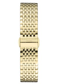 Goldfarbener Metallarmband mit gewebtem Design, ausgestattet mit einem Verschluss mit "ROSEFIELD"-Markenname. Das Finish ist glänzend und glatt mit rechteckigen Gliedern.