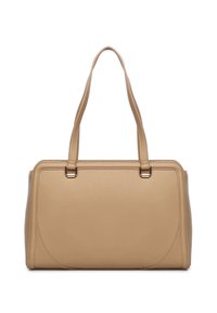 Borsa a tracolla in pelle tan con due manici, forma strutturata, finitura testurizzata e accessori in metallo sui punti di attacco delle tracolle.