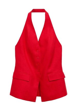 Red linen sleeveless vest with a deep V-neck, front button closure, two side pockets, and a halter neckline design. Smooth texture.