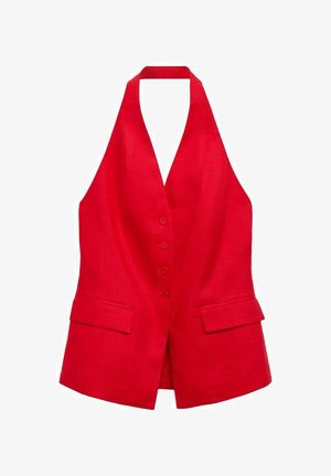 Red linen sleeveless vest with a deep V-neck, front button closure, two side pockets, and a halter neckline design. Smooth texture.