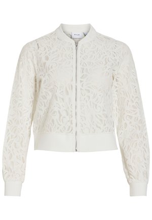 Hvit blondebomberjakke med blomsterpattern, frontglidelås, ribbestrikket krage, mansjetter og kant, lange ermer, og lett design.