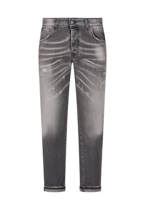 Smaltsiddende grå denimjeans med falmede og slidte områder, fem-lommer design, knap- og lynlåslukning og opbukket kant.