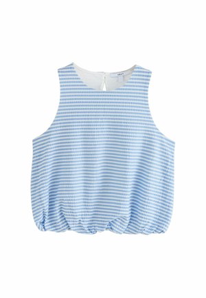 Lyseblå ærmeløs top med skiftende tynde og tykke hvide striber, rund halsudskæring og elastisk, rynket kant. Har lynlås bagpå.