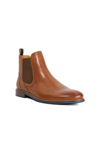 Brown leather Chelsea boot with elastic side panels, pull tab at the back, and a dark sole, angled to show the outer side.