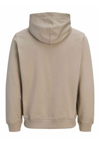 Sweat à capuche beige à manches longues, poignets et ourlet côtelés, présenté de dos sur fond blanc.