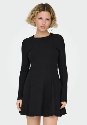 Sort langærmet kjole med tætsiddende bodice, udvidet skørt og rund halsudskæring. Fremstillet af et glat stof med subtile syningsdetaljer.