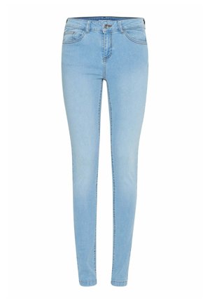 Lichtblauwe skinny jeans van denim, met een klassiek vijf-pocket ontwerp, knoopsluiting en een lichte vervaging voor textuur.