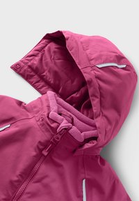 Pink weather-resistant jacket with a fleece-lined hood, front zipper, and reflective accents on shoulders, designed for outdoor wear.