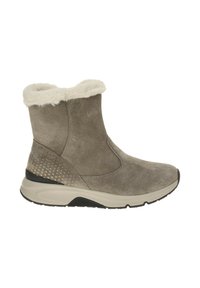 Grijze suède enkellaars met nepbont kraag, gevoerde binnenkant en stippenachtige metallic accenten op de hak. Flexibele zool voor comfort en ondersteuning.
